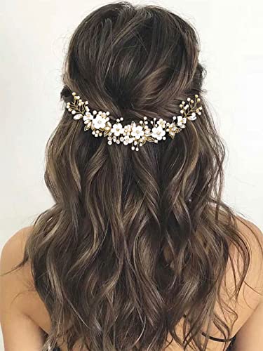 GORAIS Flower Bride Wedding Hair Vine Crystal Bridal Headpieces Pearl Hair Accessories for Women and Girls (B-Gold)