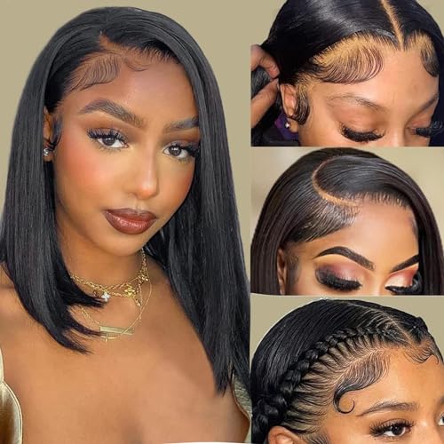 Superfect Bob Wig Human Hair 14 Inch 13x4 HD Lace Front Wigs Human Hair Pre Plucked Straight Lace Frontal Glueless Short Bob Wigs for Women Human Hair Wigs Natural Black Color(14 Inch, Bob Wig)