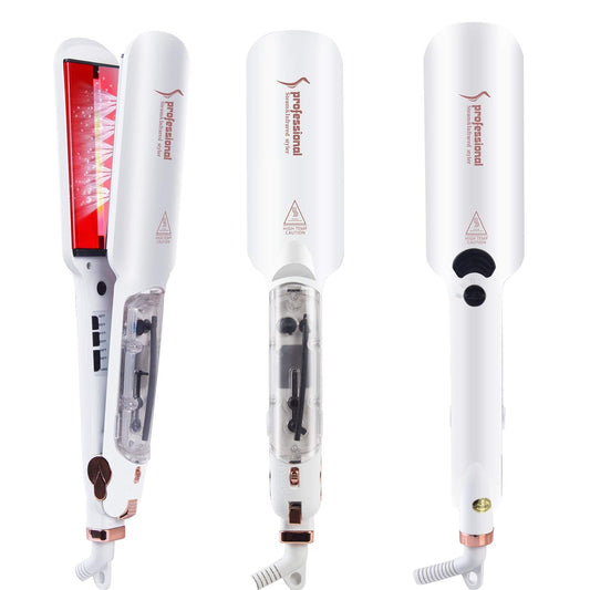 DORISILK Steam Infrared Hair Straightener, Professional 2" Infrared Ceramic Steam Flat Iron Tourmaline Vapor Hair Straightener Iron 2 in 1 Straightening Curling Iron Dual Voltage Control Temp (White)
