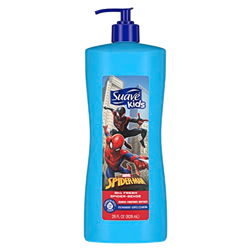 Suave Kids 3 in 1 Shampoo Conditioner Body Wash For Tear-Free Bath Time, Fresh Spider-Sense, Dermatologist-Tested Kids Shampoo 3 in 1 Formula 28 oz, Pack of 4