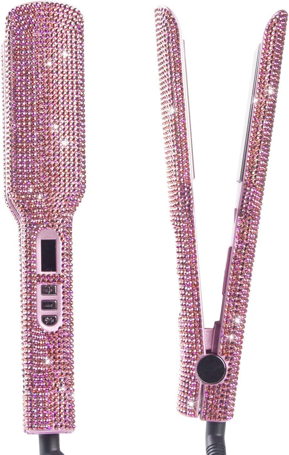 Crystal Diamond Professional Hair Straightener, DORISILK 2 Inch Titanium Flat Iron Rhinestone Straightening Iron, Salon High Heat 480 °F, Instant Heat Up, Dual Voltage, Rose Pink
