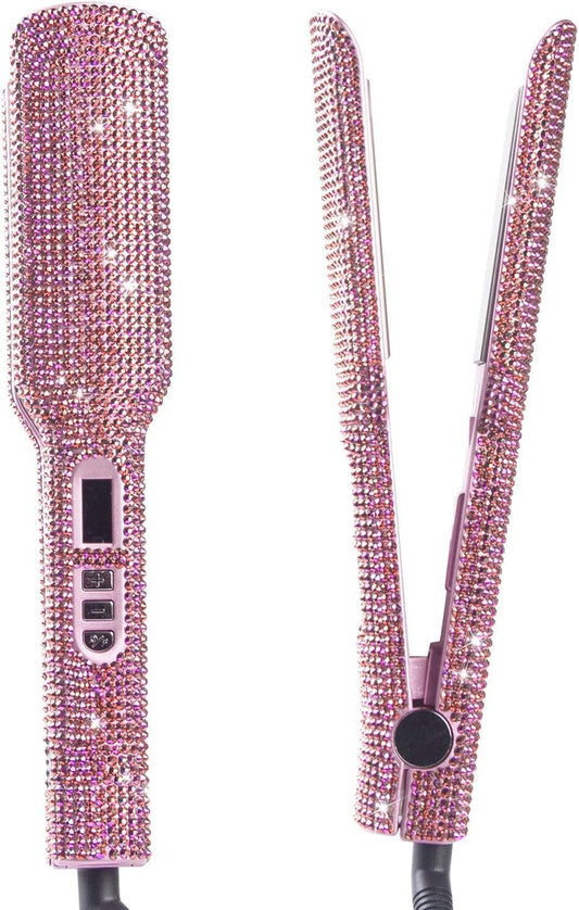 Crystal Diamond Professional Hair Straightener, DORISILK 2 Inch Titanium Flat Iron Rhinestone Straightening Iron, Salon High Heat 480 °F, Instant Heat Up, Dual Voltage, Rose Pink