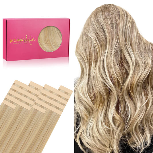 WENNALIFE Tape in Hair Extensions Human Hair, 20pcs 50g 20 inch Light Blonde Highlighted Golden Blonde Remy Hair Extensions Straight Human Hair Tape in Extensions Skin Weft Tape Extensions Human Hair