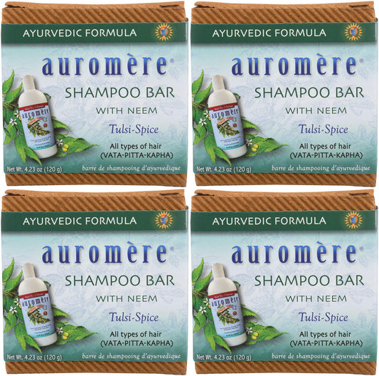 Auromere Ayurvedic Shampoo Bar - Eco Friendly, Handmade, Vegan, Cruelty Free, Natural, Non GMO, All in One Bar for Soap and Shampoo (4.23 oz), 4 pack